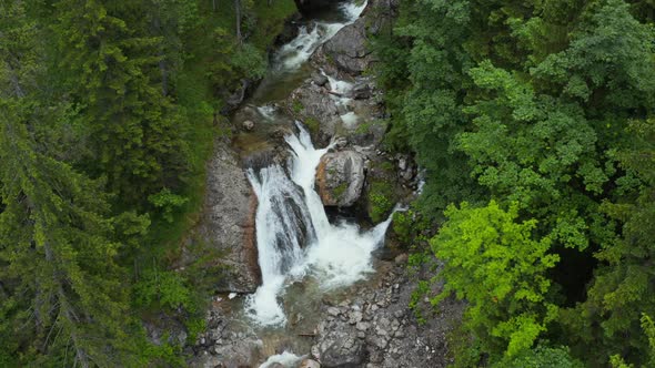 Aerial view of Kuhflucht waterfalls in forest, Upper Bavaria, Germany