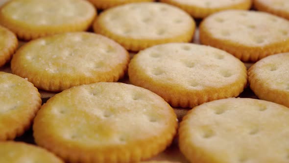 Dry tasty crispy crackers. Thin round cookies. Macro