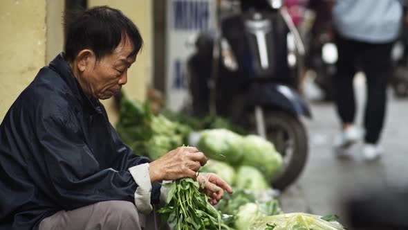 Handheld view of Vietnamese man selling herbs in the street. Shot with RED helium camera in 8K