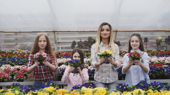 Portrait of Smiling Four Girls Stretching Synchronously Flower Pots to Camera