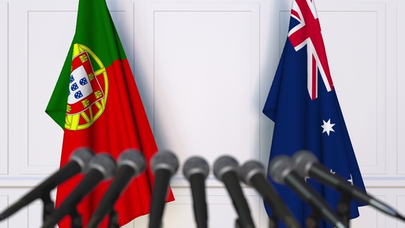 Flags of Portugal and Australia at International Press Conference alt