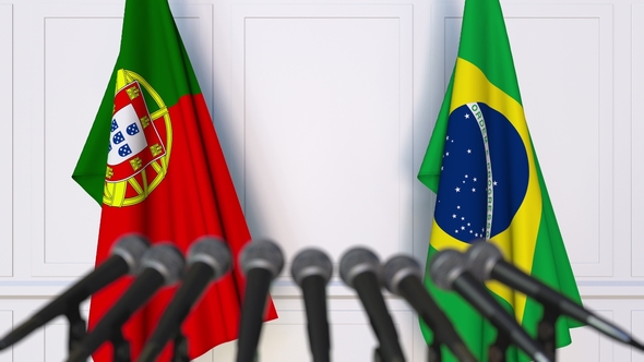 Flags of Portugal and Brazil at International Press Conference alt