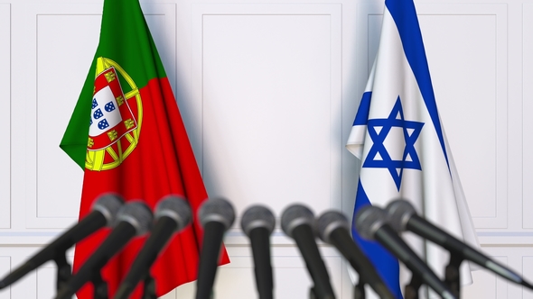 Flags of Portugal and Israel at International Press Conference alt