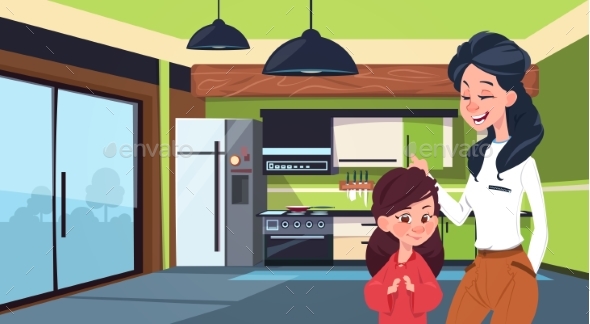 Mother and Daughter in Modern Kitchen Over Fridge