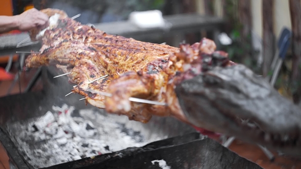 Grilled Crocodile on the Open Fire at Sea Food Restaurant, Exotic Meals in Viethnam