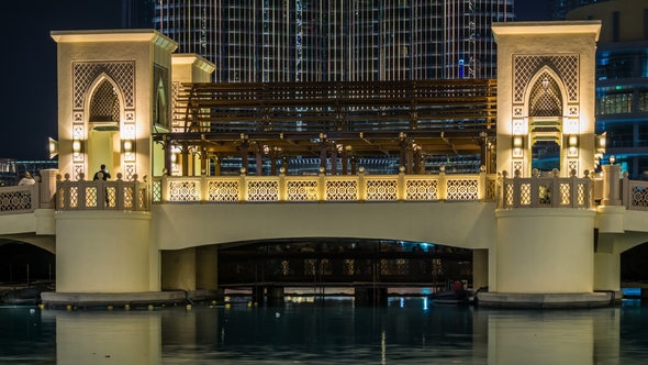 Souk Al Bahar Bridge Near Dubai Mall at Night. Dubai, United Arab Emirates