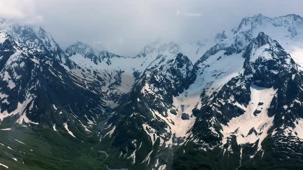 Aerial View from an drone of Beautiful Snowy Caucasus Mountain Landscape in Winter