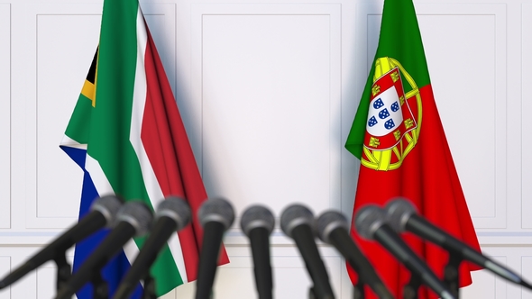 Flags of South Africa and Portugal at International Press Conference alt