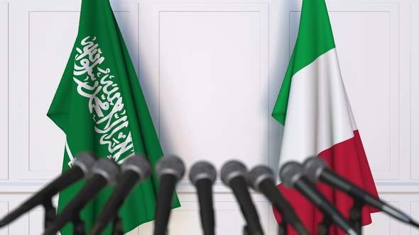 Flags of Saudi Arabia and Italy at International Press Conference alt