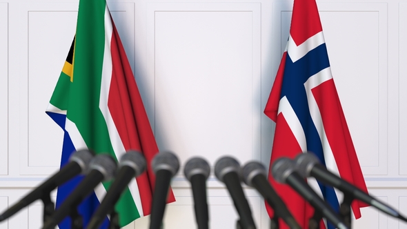 Flags of South Africa and Norway at International Press Conference alt