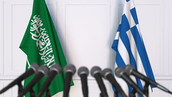 Flags of Saudi Arabia and Greece at International Press Conference alt
