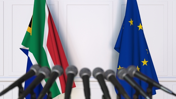 Flags of South Africa and the European Union at International Press Conference alt