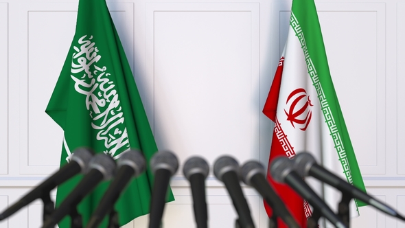 Flags of Saudi Arabia and Iran at International Press Conference alt