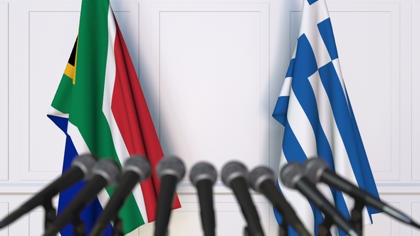 Flags of South Africa and Greece at International Press Conference alt