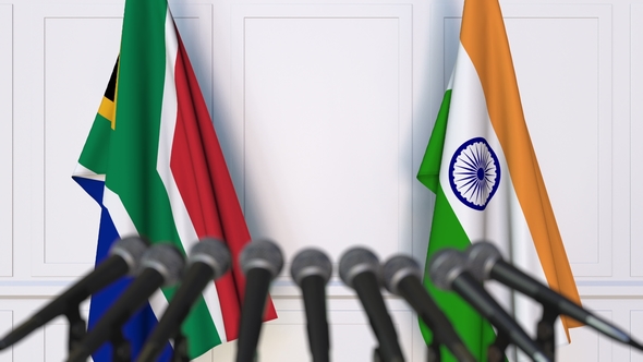Flags of South Africa and India at International Press Conference alt