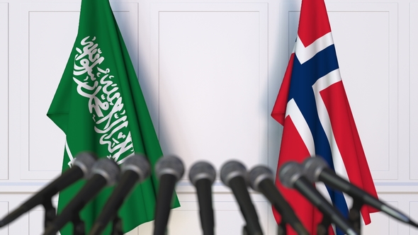 Flags of Saudi Arabia and Norway at International Press Conference alt