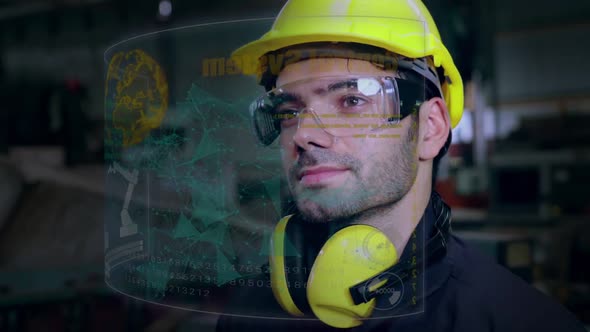 Factory Worker Use Future Holographic Screen Device to Control Manufacturing