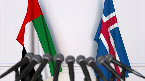 Flags of the UAE and Iceland at International Press Conference alt
