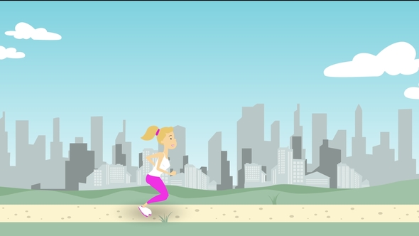 Young Woman Running Along Park Path Against City Skyline alt