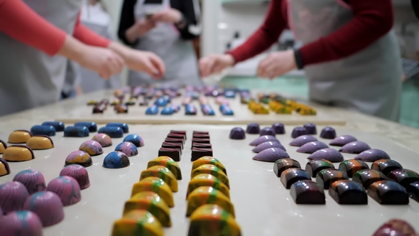 Assortment of Luxury Handmade Chocolate Candy Collection on White Table. Set of Colorful Chocolate