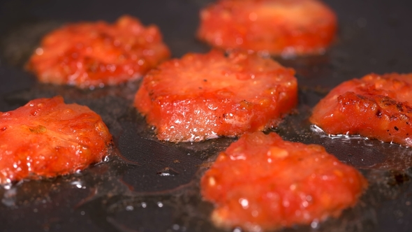 Tomatoes, Sliced Round, Fried in a Pan
