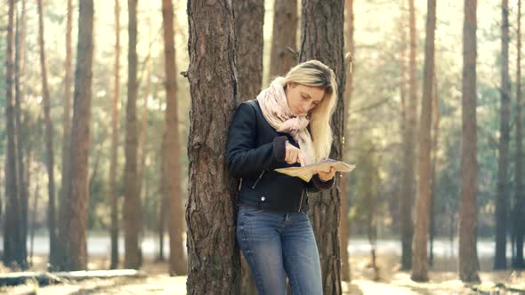 Traveler Explore Forest With Map. Wanderlust Travel Searching Right Direction. Girl Holding Map.