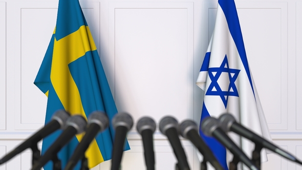 Flags of Sweden and Israel at International Press Conference alt