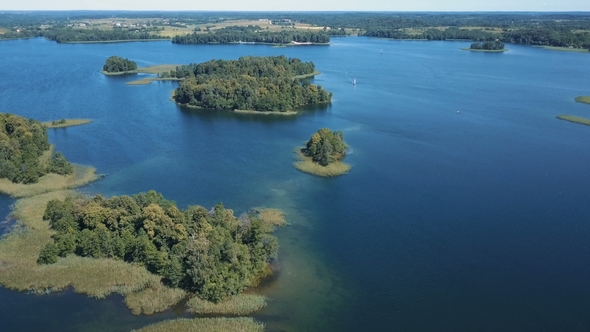 Flight Over the Lake with Islands. Surroundings of Trakai Castle, Lithuania