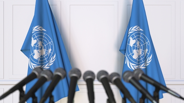 The United Nations Official Press Conference Featuring Flags of the UN alt