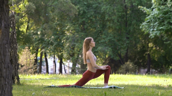Young Girl Doing Yoga Exercises in the Park. He Stretches, Stretches.