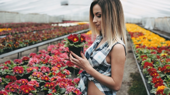 Happy Pretty Girl Walks and Chooses Flowers in Greenhouse