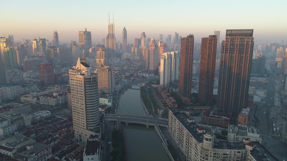 Shanghai Skyline in the Sunny Morning. Puxi District. China. Aerial View