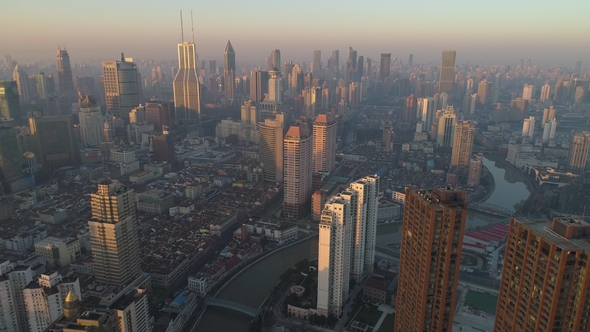 Shanghai Skyline in the Sunny Morning. Puxi District. China. Aerial High Altitude View