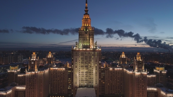 Moscow State University Main Campus and Moscow Cityscape at Winter Twilight. Russia. Aerial View