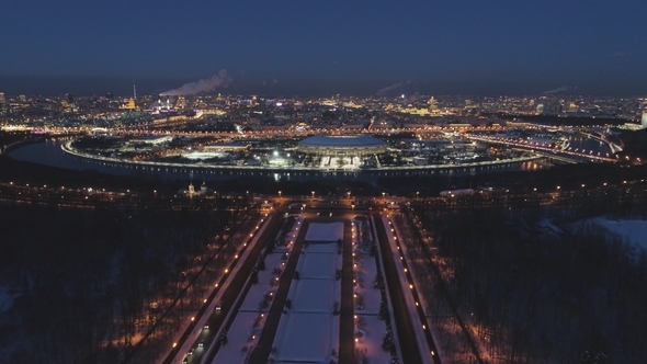 Moscow Cityscape and Luzhniki Stadium in the Evening