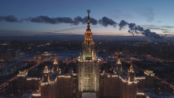 Moscow State University and Illuminated Moscow Skyline at Winter Evening