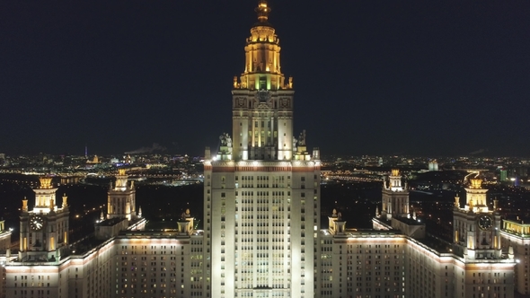 Moscow State University Main Campus and Illuminated Moscow Cityscape at Night