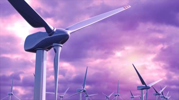 Wind Generators Farm Against a Purple Sky Loop