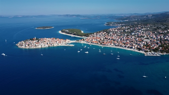 Flying Over Resort Adriatic Town Primosten, Croatia.