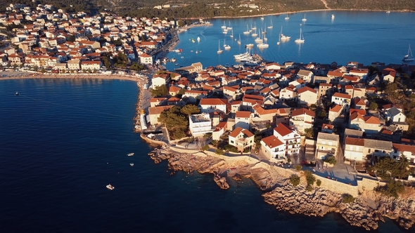 Sunset Flying Over Resort Adriatic Town Primosten, Croatia.