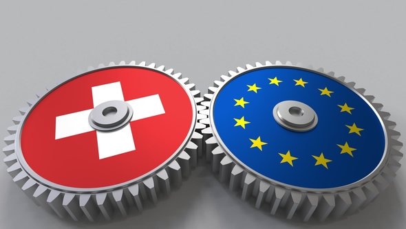 Flags of Switzerland and the European Union on Meshing Gears alt