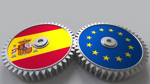 Flags of Spain and the European Union on Meshing Gears alt