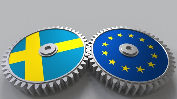 Flags of Sweden and the European Union on Meshing Gears alt