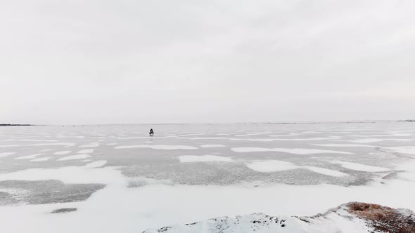 Aerial View Ice Hummock and Cracks at Frozen Lake