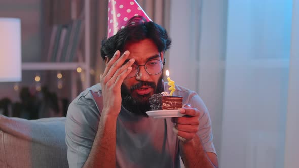 Portrait Arabian Sad Upset Lonely Indian Bearded Man Celebrate Birthday Alone Without Friends Feel