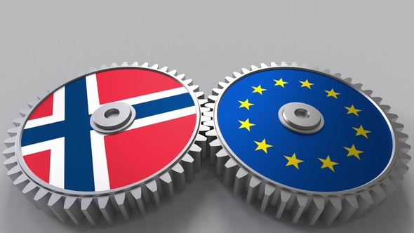 Flags of Norway and the European Union on Meshing Gears alt