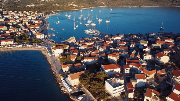 Sunset Flying Over Resort Adriatic Town Primosten, Croatia.