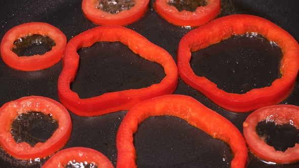 Bell Pepper, Sliced, Fried in Oil in a Frying Pan