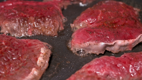 Pieces of Meat Fried in a Frying Pan