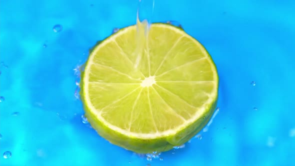 Water pours on green hue juicy lime on cyan background slow motion closeup. Lime slice water